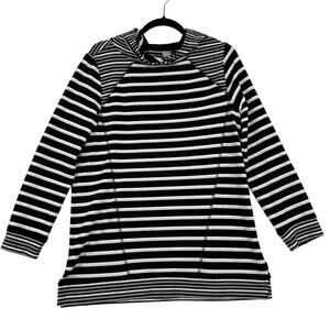 Chico's Zenergy Hooded Tunic Top Size 8/10 Black White Stripe Stretch Knit